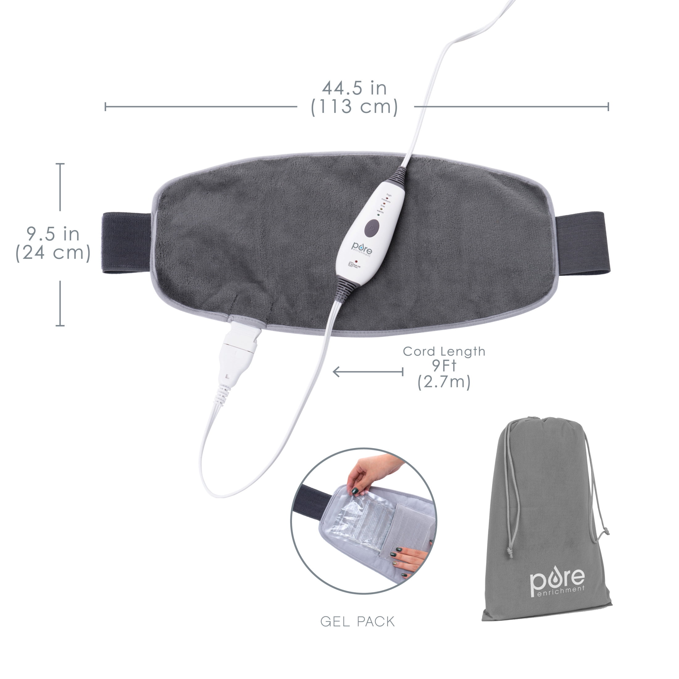 Pure Enrichment PureRelief Lumbar & Abdominal Heating Pad - 4 Heat Settings, Adjustable Belt, Hot/Cold Gel Pack, and Storage Bag -  Ideal for Back Pain
