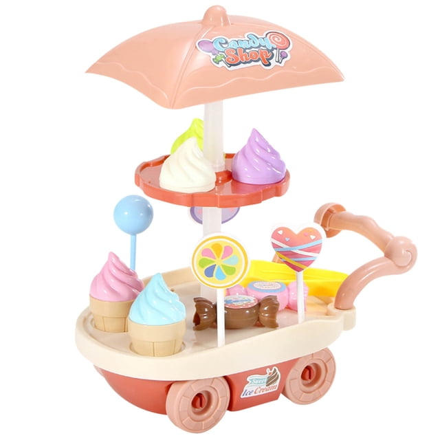 Jouet Chariot de Crème Glacée Rouge pour Enfants 28 Pcs, Mini Ensemble de Desserts Simulation Jeu d'Imitation avec Rangement