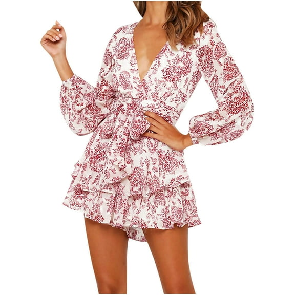 Edvintorg Romper Women 2023 Summer Women Printed Beach Jumpsuits Deep V-Neck Long Sleeve Bandage Knot Ruffle Hem Floral Rompers On Clearance