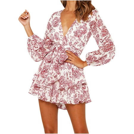 

Zkozptok Women Dress Shorts Summer Floral Printed Beach Jumpsuits Deep V-Neck Long Sleeve Bandage Knot Ruffle Hem Floral Rompers Pink L
