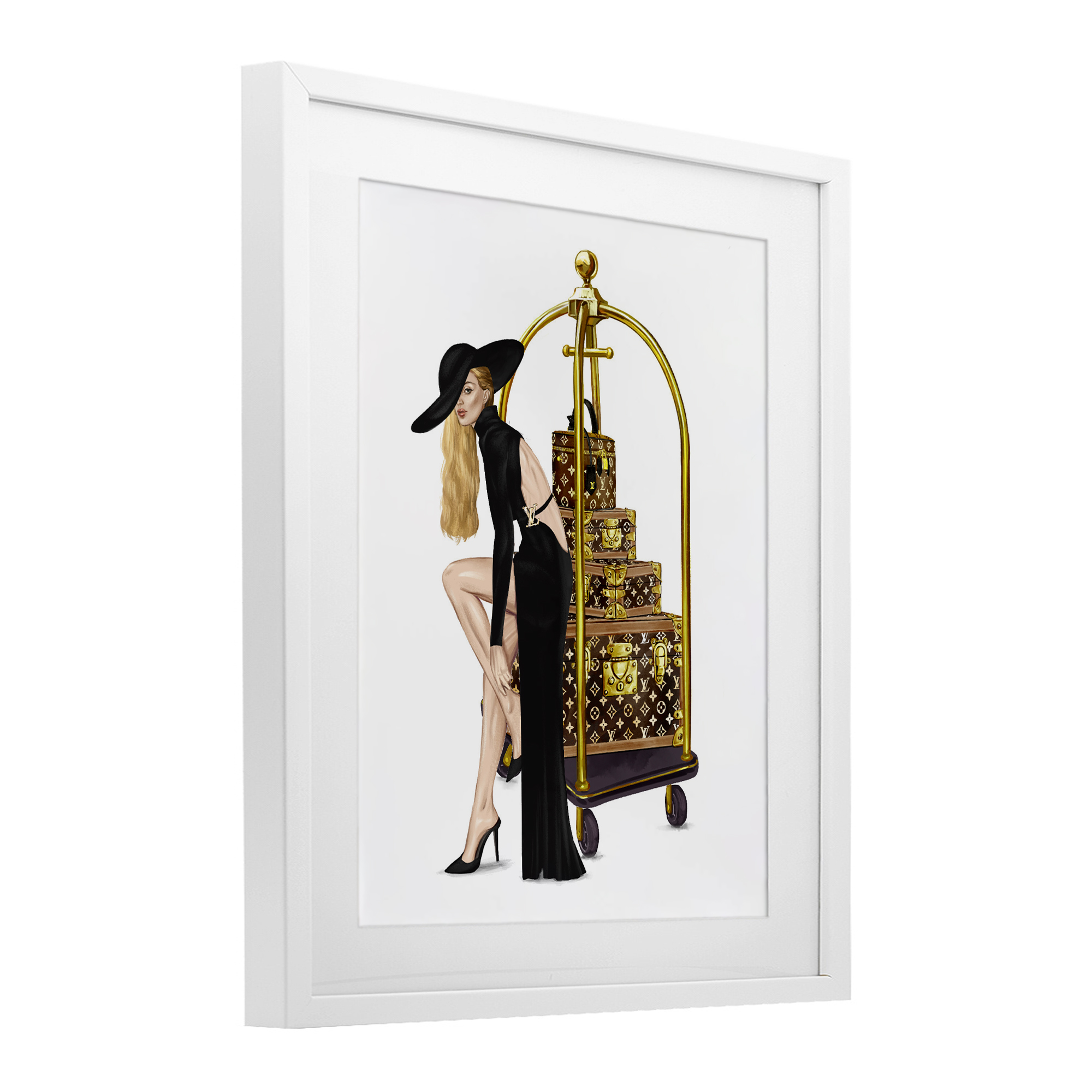 Fashionista with Hotel Luggage White Framed Print Under Glass, design by Ziwei Li