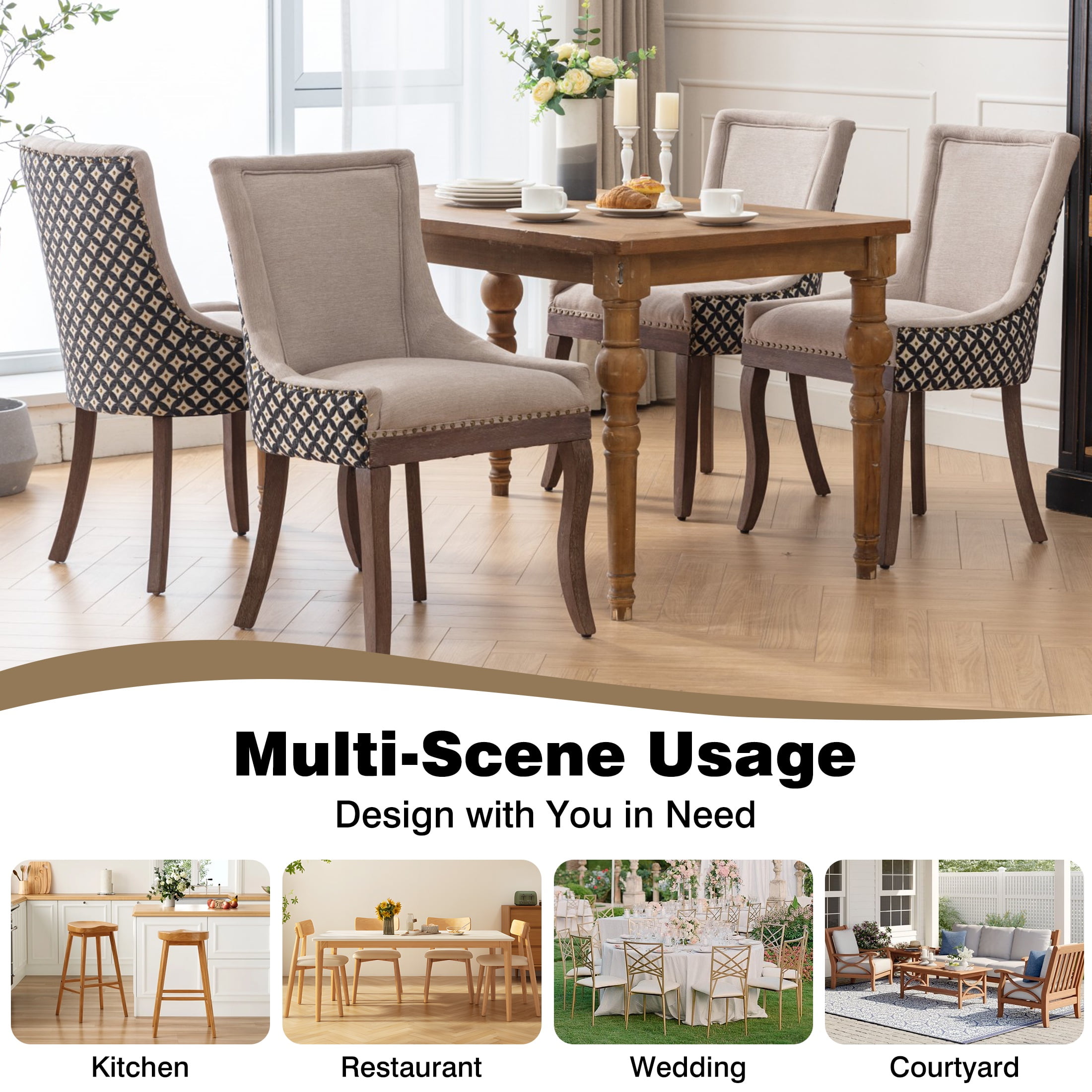 Dining Chairs Set of 2, LEGAHOME Beige Fabric Upholstered Dining Chairs, Mid-century Kitchen Chairs with High Back, Bronze Nail Head, Solid Wood Legs, Beige, 2 Pcs