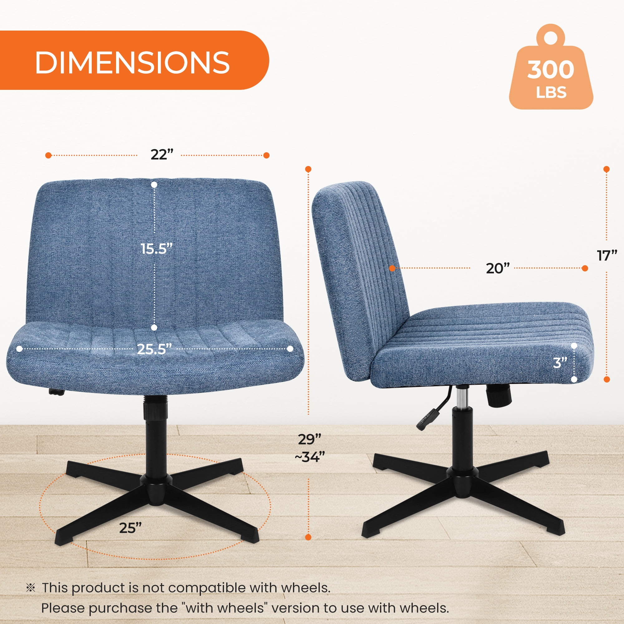 NEO CHAIR Criss Cross Chair No Wheels Armless&nbsp;Comfy Desk Chair Wide Vanity Makeup&nbsp;Cross Legged Office Adjustable Computer Task for Home Office Fabric (Blue)
