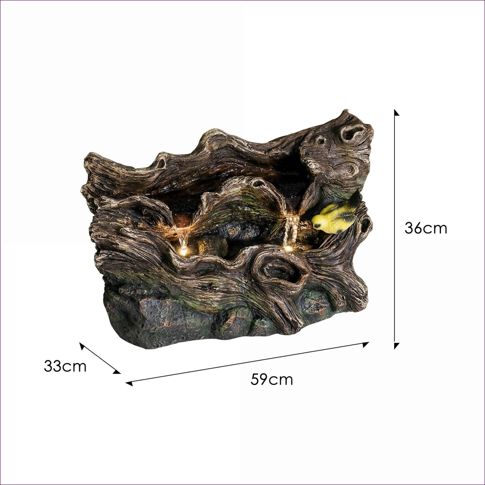Fountains, 14.1" Tall Rustic Tan Brown Tree Trunk Outdoor Fountain for Garden Patio | Concrete / Cement | Single Tier