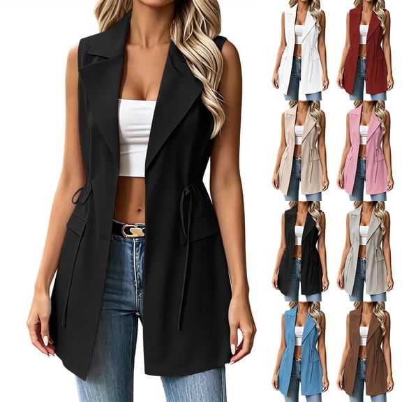 Noric Women Sleeveless Long Blazer Vest Notched Lapel Drawstring Waist Open Front Waistcoat, Flap Pocket Business Casual Layering Outerwear