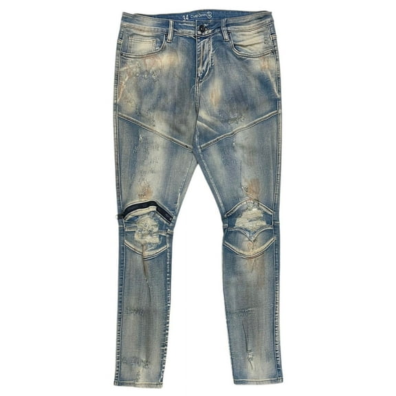 Crysp Denim Men's Biker Moto Distressed Rip & Repair Rust Skinny Fit Jeans (34, Indigo Rust)