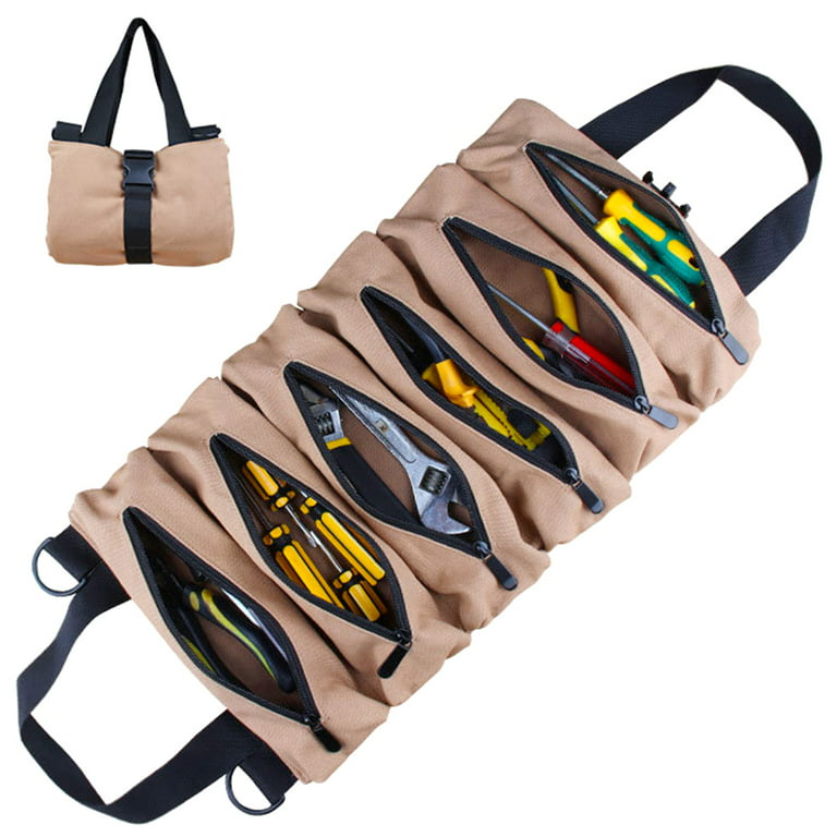 Tool Roll Up Bag Canvas with 6 Zipper Pockets Large Capacity Tools Wrap Roll Storage Case Hand-Held Tool Carrier Tote for Home Outdoor Camping Travel