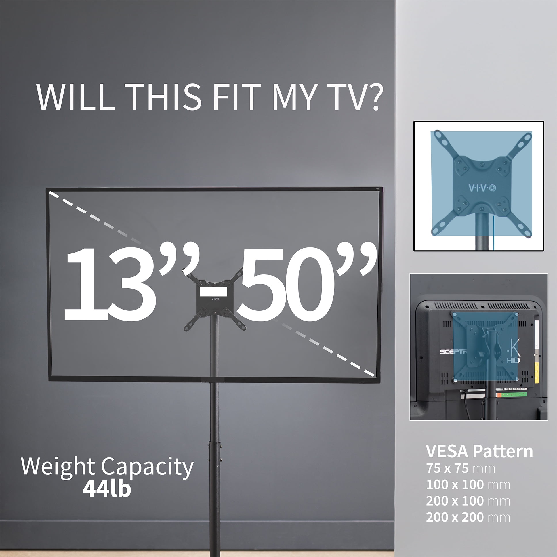 VIVO Extra Tall TV Screen Floor Stand for 13" to 65" Screens, Height Adjustable