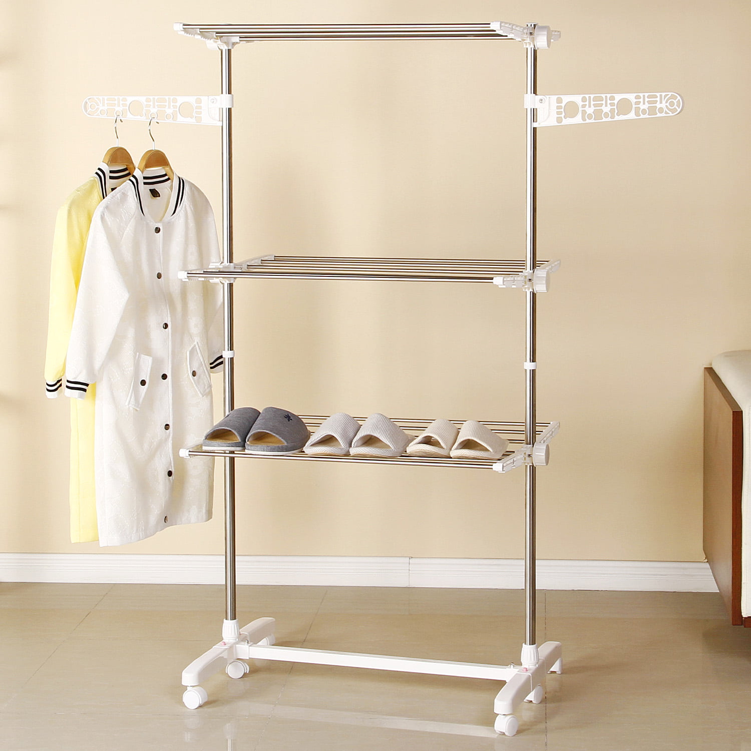 Mllieroo Folding Rolling Laundry Rack 3-Tier Clothes Drying Rack with Stainless Steel Laundry Drying Rack