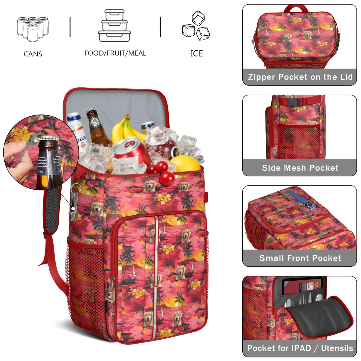Travel Cooler Bag - Golden Retriever Hawaiian Camping Beer Cooler Backpack with Bottle Opener- Waterproof Insulated Picnic Backpacks - Cooler Bag for Beach