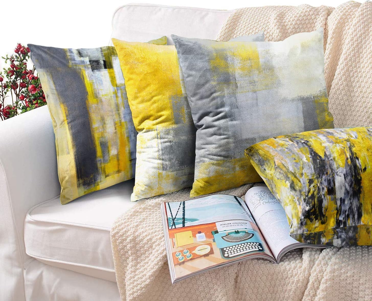 Home Decor Throw Pillow Covers Set of 4 16x16 Inch Grey and Yellow Cushion Cases for Living Room Sofa Decor Perfect for Adding a Pop of Color and Texture to Any Space