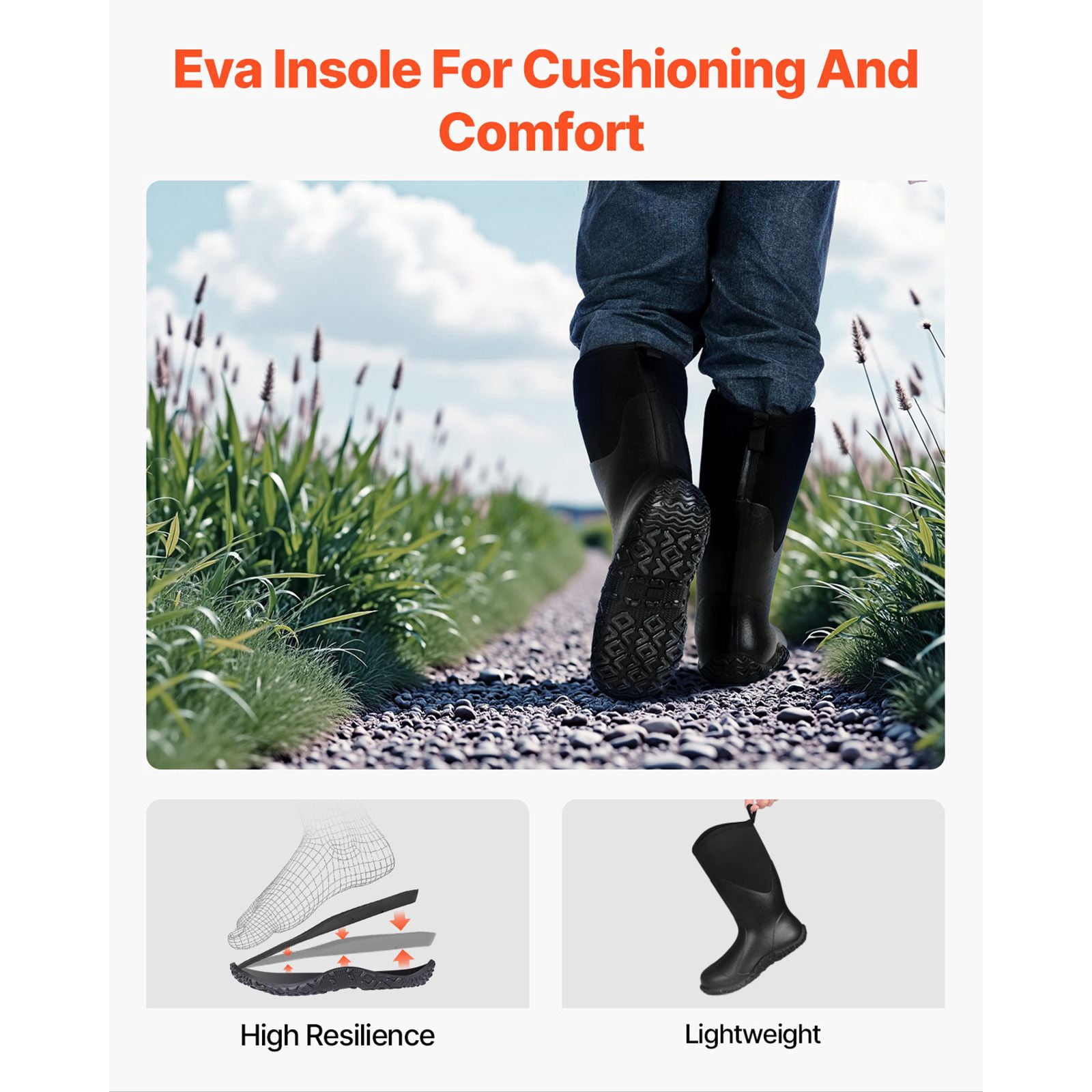 Men's Rubber Boots with 0.3" Thick Insulation, EVA Insole, Slip-Resistant Outsole, 125,000 Flex Test, Sizes 9-13 for Outdoor Rain Snow Work