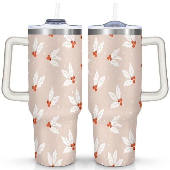 Pink White Hollyberry 40 Oz Tumbler with Handle Lid and Straw Stainless Steel Double Walled Vacuum Insulated Cup Merry Christmas Gifts Tumbler for Women Men Friends Outdoor Indoor