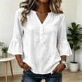 thumbnail image 4 of hoksml Women's V Neck Partial Button 3/4 Bell Sleeve Blouse, Curved Hem Linen Texture Casual Tunic Top for Office Daily Wear, 4 of 8