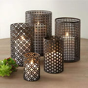 DQ Home Decor Set of 5 Large Cylindrical Metal Candle Holders Bronze Hurricane Pillar Candleholder Rustic Table Candlestick Holders Great Centerpiece for Home Decor