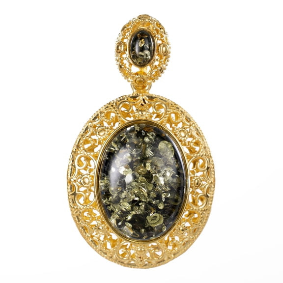 Gold Plated 925 Sterling Silver Oval Green Baltic  Amber Pendant
