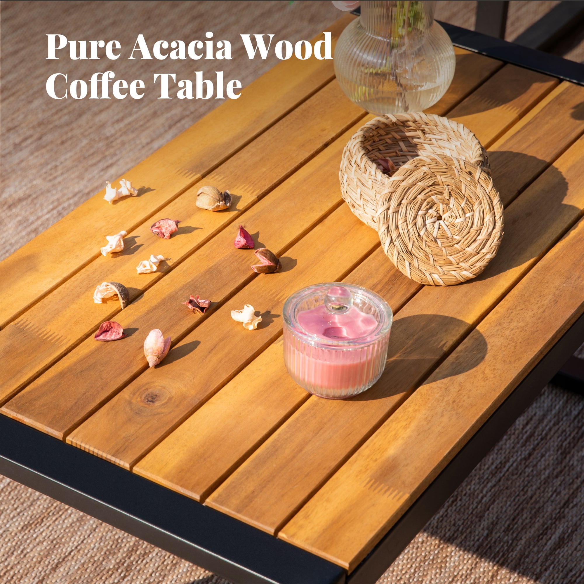 MF Studio 4-Piece All-Weather Rattan Patio Furniture Set, Outdoor Conversation Set with Wood Table, Brown and Red