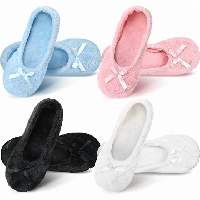wonima44 4 Pairs Women's Ballerina House Slippers with Satin Bow Tie Non Slip Slippers Ballet Socks for Wedding Housewarming
