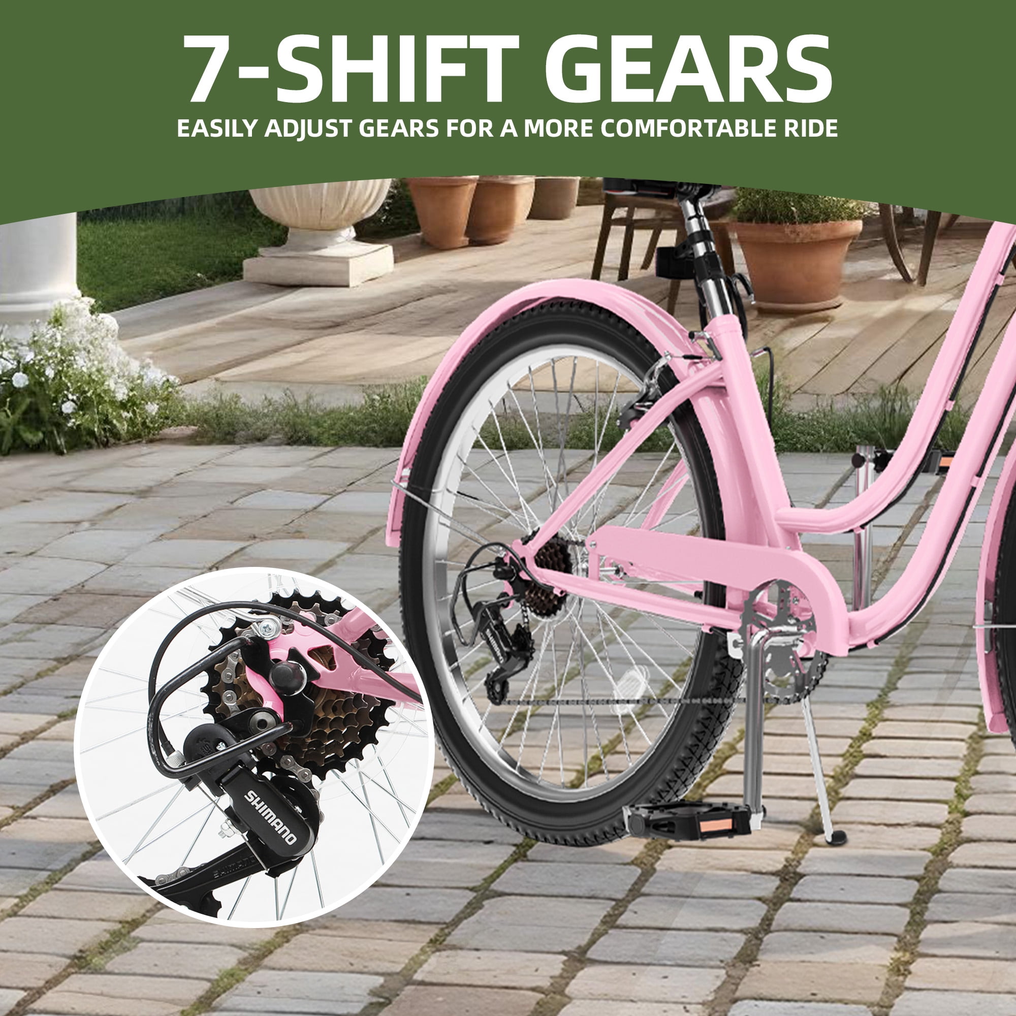 Uforic24'' Beach Cruiser Bike, 7-Speed, Step-Through Bicycle for Men & Women, Steel Frame, Pink