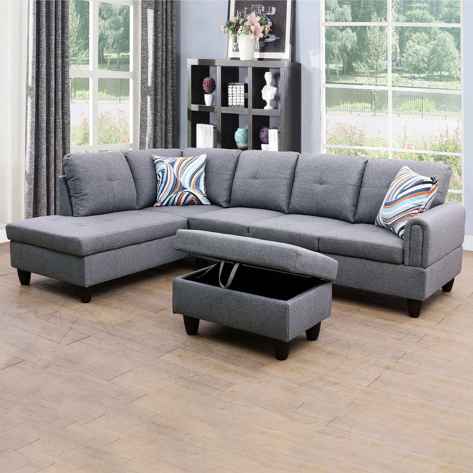 Irene Inevent 3 Pieces Linen Sofa Set, Modern Linen Sofa and Chaise Ottoman Couch Set for Living Room, Bedroom, Apartment, Office, Grey