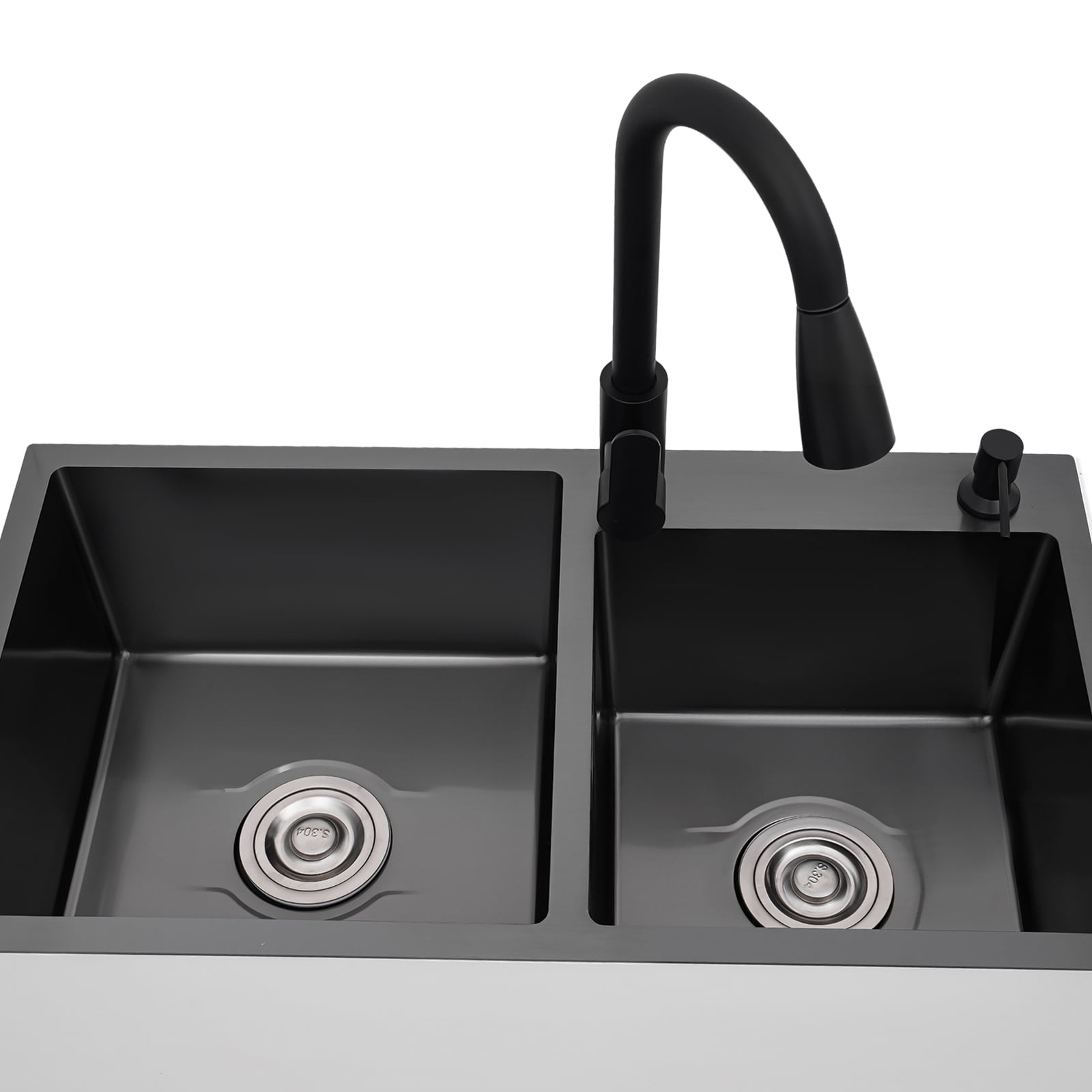White Freestanding Double Kitchen Sink with Cabinet, Pull-Out Faucet, Soap Dispenser, Drainage Basket, 201 Stainless Steel & Wood, Black/White, 29.5"x16.1"x30.7", Easy Assembly, Complete Set