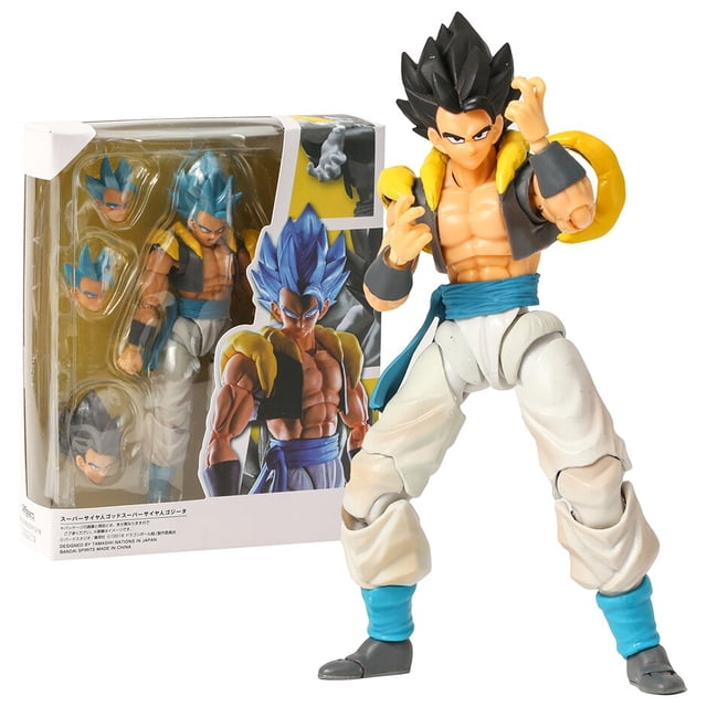 shf dragon ball super saiyan blue ssg gogeta figura 6 pulgadas figura de acción juguete decoración de escritorio para el hogar caja de 16cm. Vista frontal centrada del coleccionable articulado Gogeta Super Saiyan Blue de 16 cm en PVC, con chaleco negro y hombreras amarillas, fajín y detalles azules, pantalones beige y tres rostros intercambiables visibles en la caja transparente a la izquierda; recomendado para exhibición en escritorio y vitrinas.