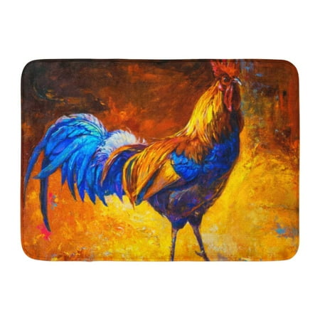 - GODPOK Agriculture Blue Beautiful Oil Painting on Canvas Colorful Rooster Modern Impressionism Brown Chicken Rug Doormat Bath Mat 23.6x15.7 inch