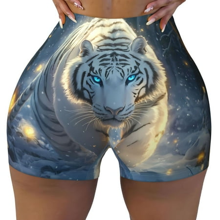 Workout Shorts Women  Prowling White Tiger Snow Biker Shorts for Women Running Gym Spandex Shorts Tummy Control