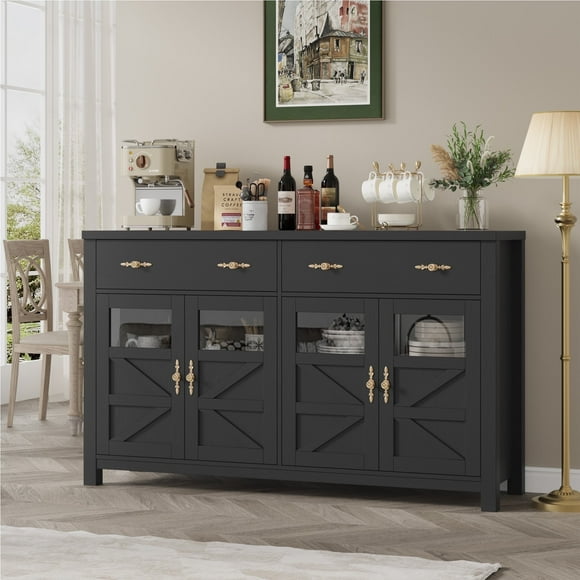 Homfa Farmhouse 55.1"W Kitchen Buffet Cabinet with Storage Drawer & Adjustable Shelf, Glass Door Wood Sideboard Credenza Coffee Bar with for Dining Room Living Room, Black