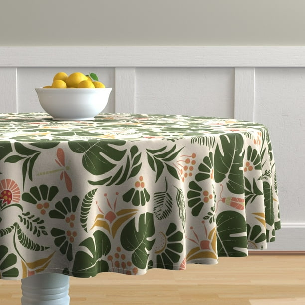 Round Tablecloth Jungle Tropical Paradise Leaves Green Bugs Luxe Cotton