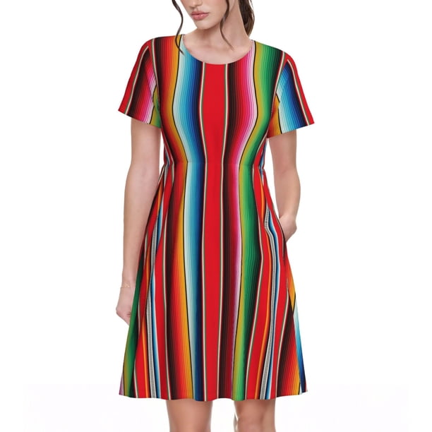 Disketp Mexican Serape Blanket Stripes para Vestido de Manga Corta para Mujeres, Vestidos de Verano para Mujeres, Casual y Holgado para la Playa