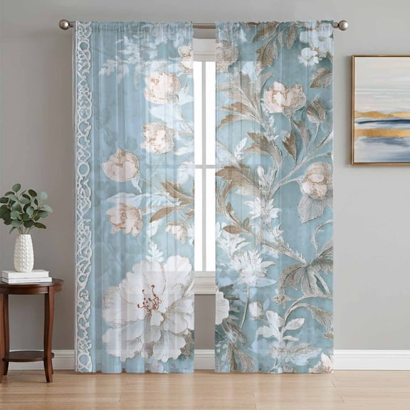 Light Blue White Floral Sheer Curtains 96 Inch Length 2 Panels Set, Retro Botanical Flower Voile Window Treatment Semi Sheer Long Curtains Drapes for Bedroom/Living Room/Kitchen 52"x96"x2