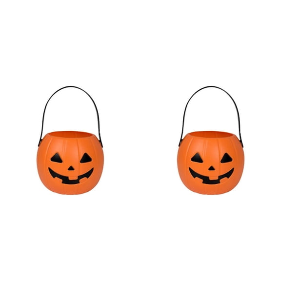 2 Pack Mini Halloween Pumpkin Bucket, Small Jack O Lantern Candy Pail with Handle, Fall Tabletop Ornament for Halloween Party Decor