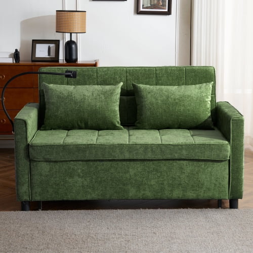 56.9" Loveseat Pull-Out Sofa Bed, Convertible Sleeper Sofa with Reversible Backrest, USB Ports & Phone Holder, Chenille Couch for Living Room, Green