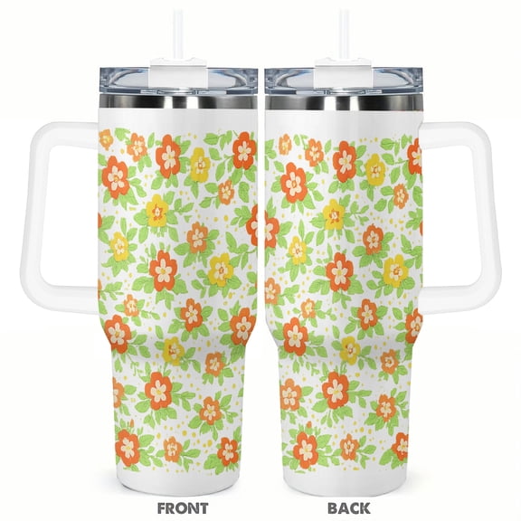 40oz Retro Floral Tumbler with Handle and Straw Orange Yellow Flower Stainless Steel Insulated Travel Coffee Cup Gift for Women