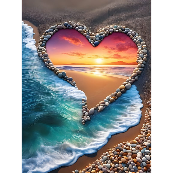 Diamond Art Painting Kits for Adults, Sunset 5D Diamond Painting Dots Art Kits for Adults Beginner, Sea of Hearts DIY Full Round Gem Crystal Art Paint by Diamond Beach, Home Wall Decor 12 x 16 in