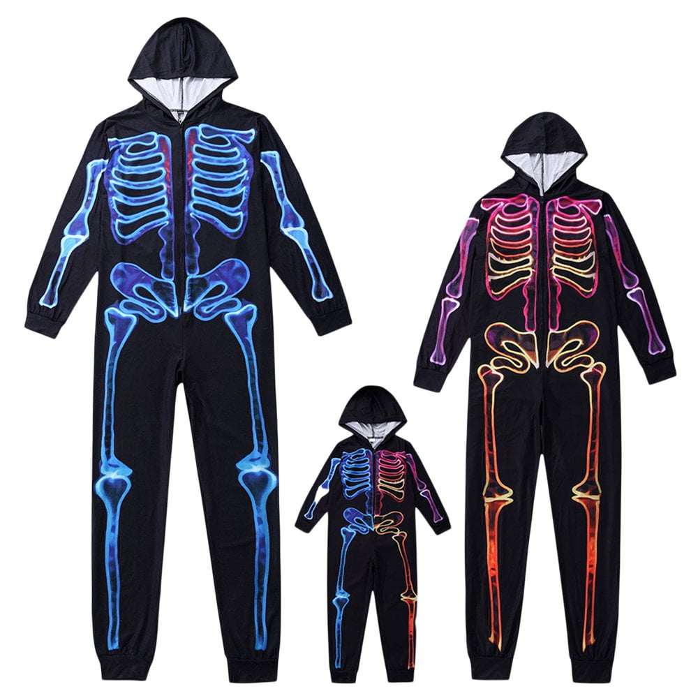 Family Halloween Skeleton Pajamas Funny Zipper Hooded Jumpsuit Matching Family Pjs Sleepwear