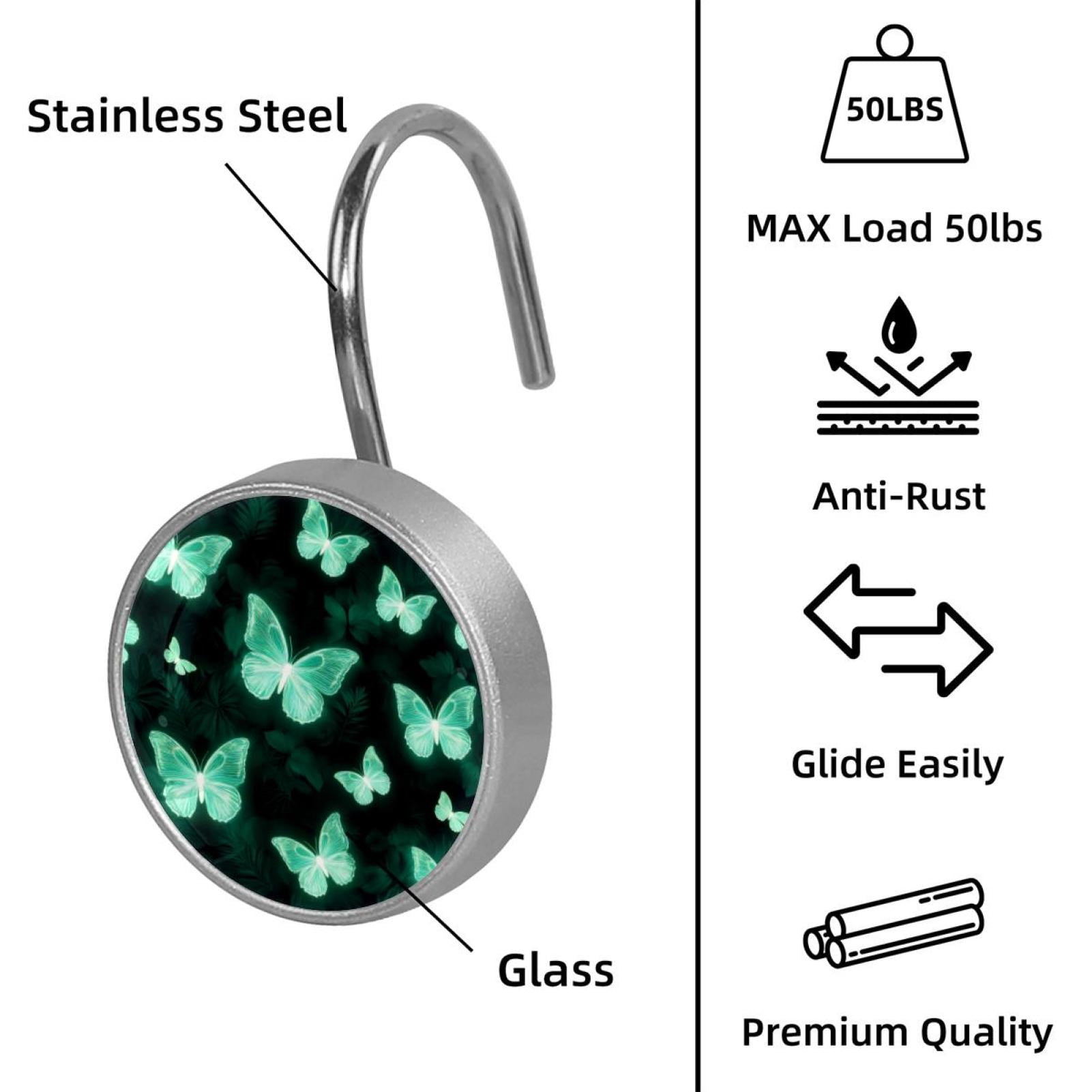 12pcs Decorative Shower Curtain Hooks, Rust Resistant Shower Rings for Bathroom Living Room,Rustproof Stainless Steel Rings for Shower Curtain and Liner Rods,Neon Green Leaves Butterflies