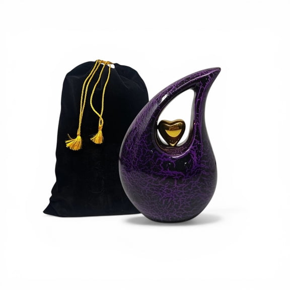 6-Inch Teardrop Cremation Urn for Ashes - Handcrafted Aluminum Keepsake Earns with Velvet Bag, Heart Motif, and Crackle Finish - Small Decorative Funeral Urn for Human or Pet Remains