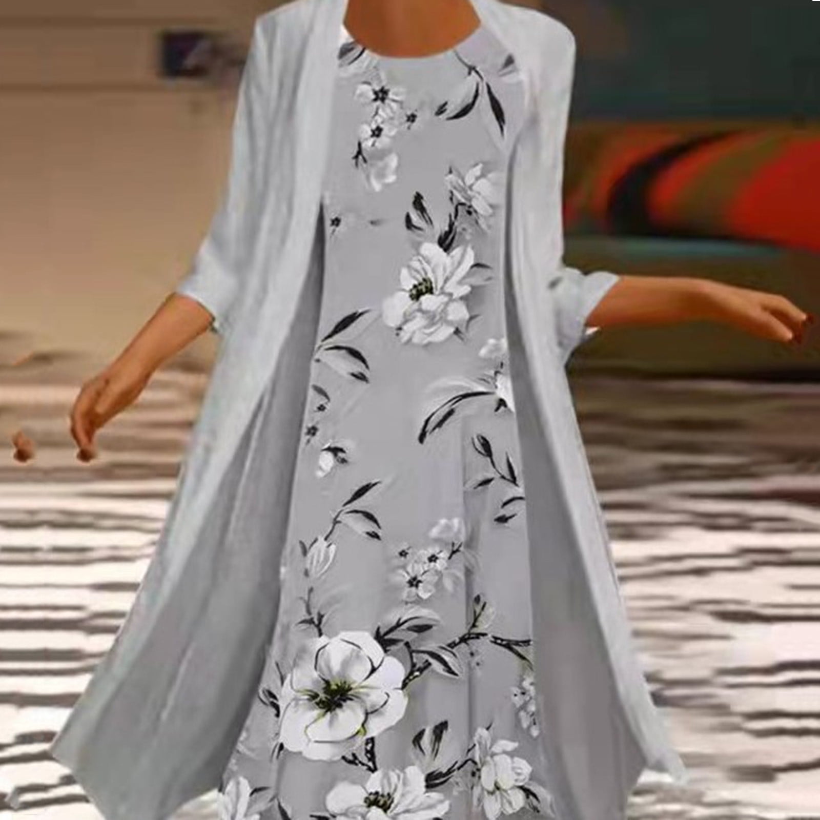 Summer Savings Clearance! Plus Size Dresses for Women Dressy, Women Summer Casual Two Piece Set Solid Coat Wedding Guest Plus Size Elegant Floral Boho Beach Sundress Maxi Dress Gray XXL