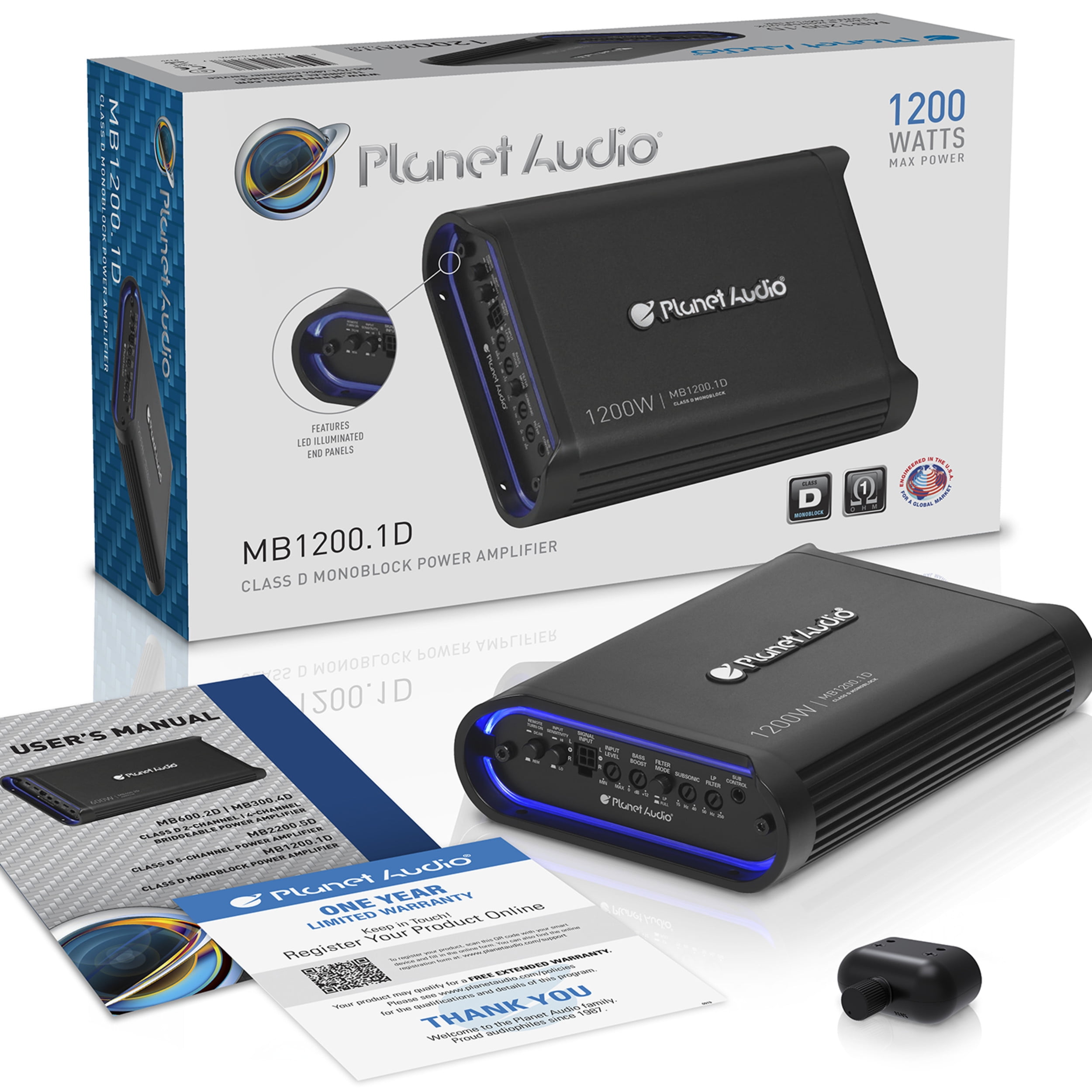 Planet Audio MB1200.1D 1200 Watt Class D Car Amplifier, 1 Ohm Stable, Mosfet