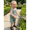 thumbnail image 4 of BemeyourBBs Toddler Baby Girls Summer Clothes Cotton Linen 2 Pieces Outfit Cute Bow Print Flying Sleeve Smocked Tank Tops with Ruffle Shorts Set, 4 of 9