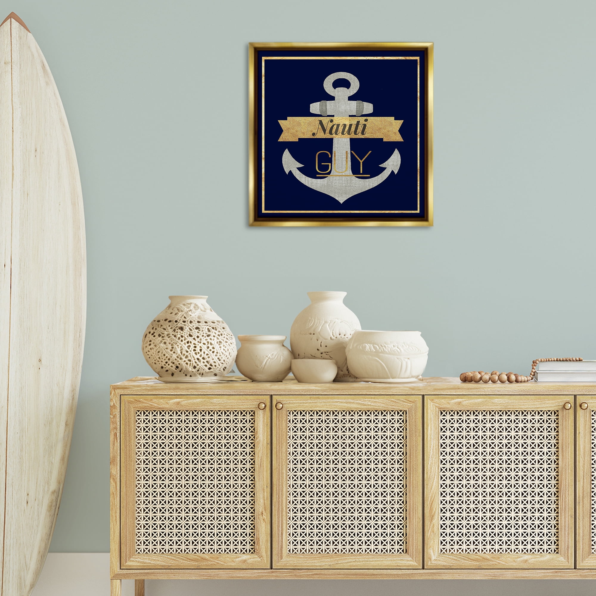 Stupell Industries Nauti Guy with Anchor Novelty & Humor Painting Gold Floater Framed Canvas Art Print Wall Art, 25 x 25