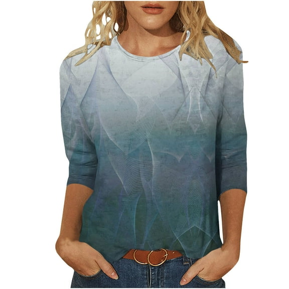 Scyoekwg Womens Summer Tops 3/4 Sleeve Cewneck Three Quarter Length Sleeve Blouse Casual Lightweight Vintage Fashion Print Graphic Tee Loose Fall Clothes Pullover