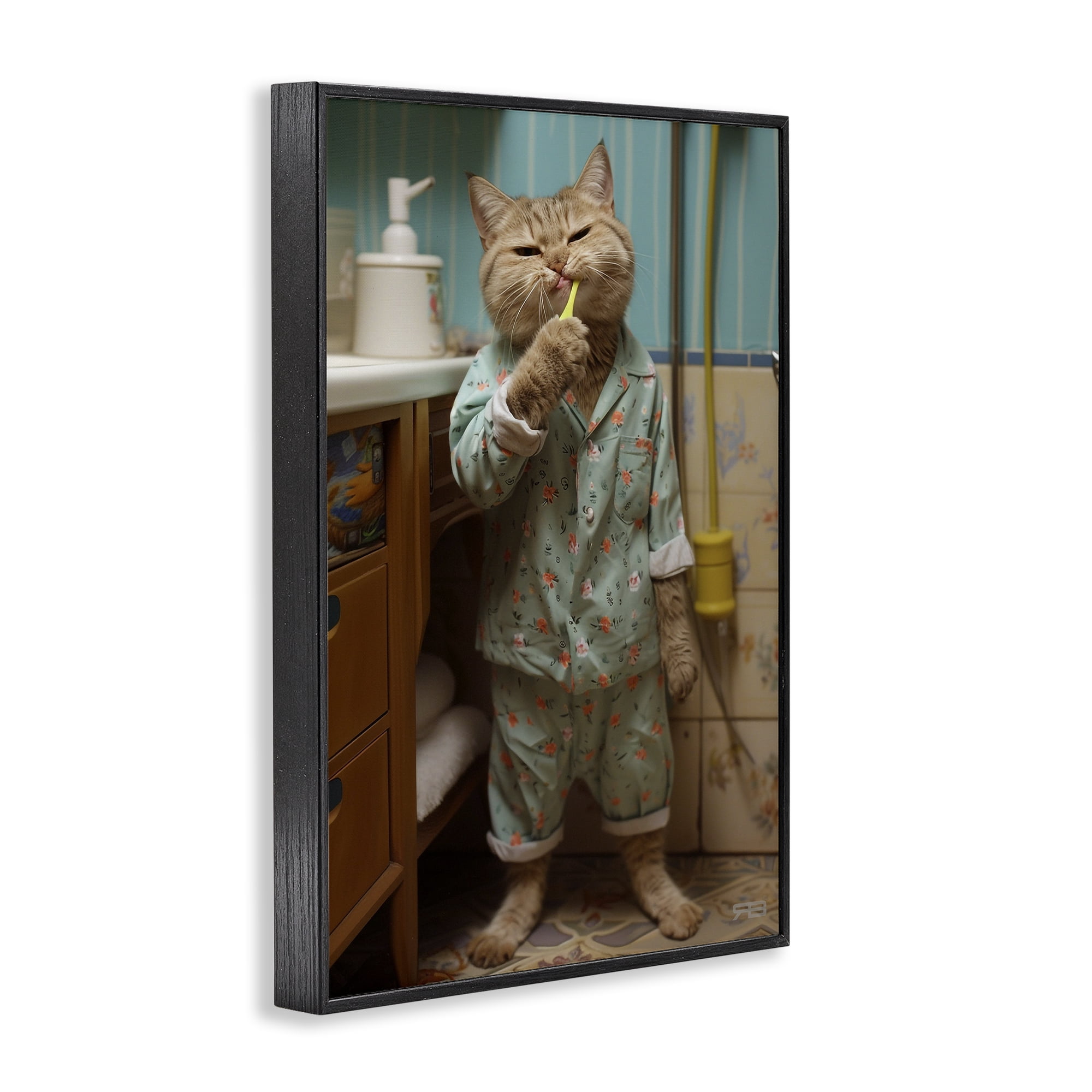 Stupell Industries Cat Brushing Teeth Typography Painting Black Framed Art Print Wall Art, 20 x 30