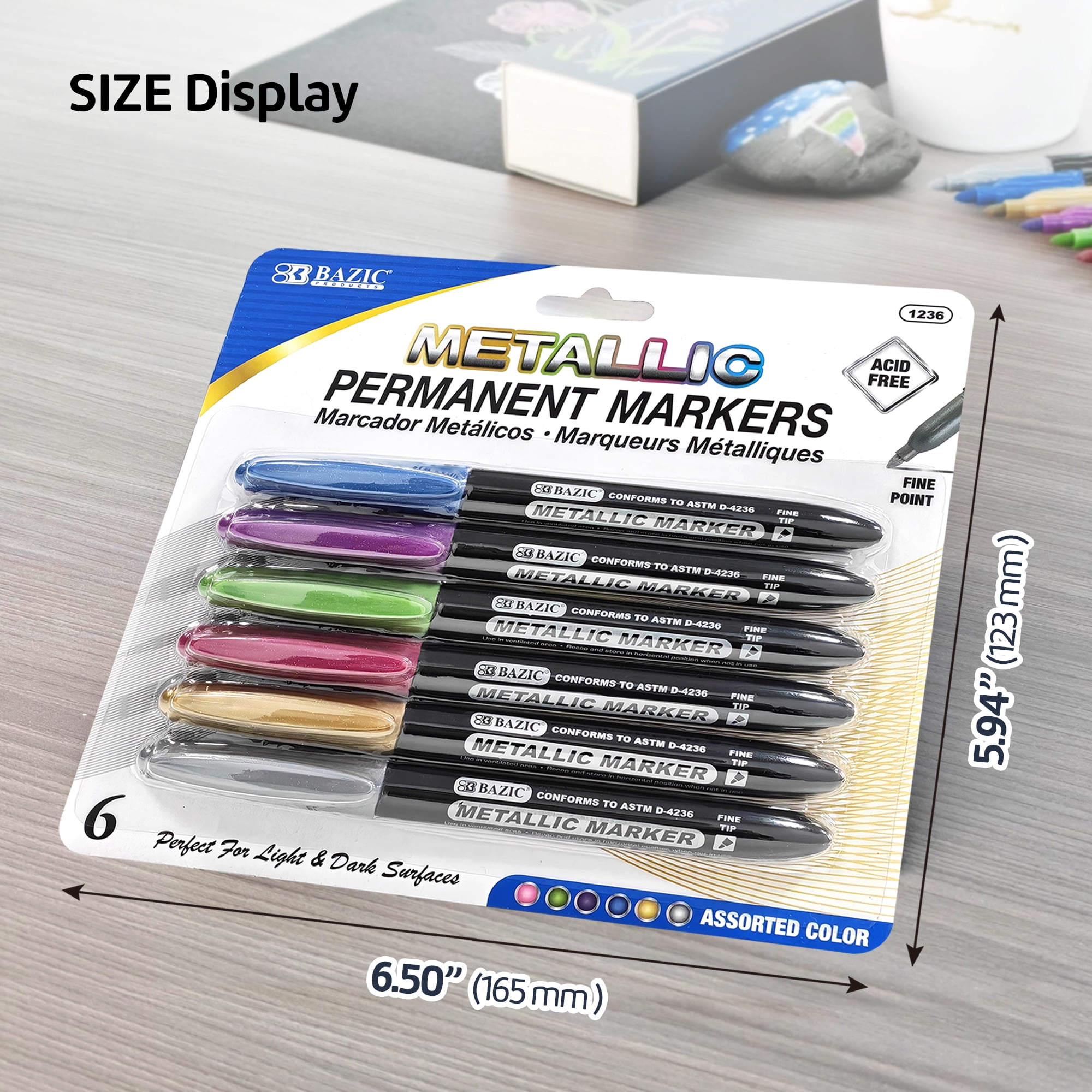 BAZIC Permanent Markers Metallic 6 Color, Fine Line Glitter (6/Pack), 12-Pack