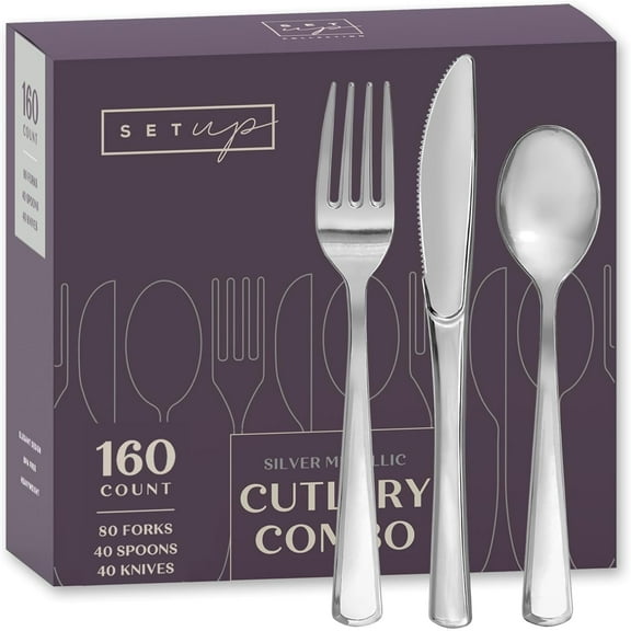 SETUP Silver Disposable Cutlery Combo 160-Pc Plastic Silverware Set with Forks, Spoons & Knives