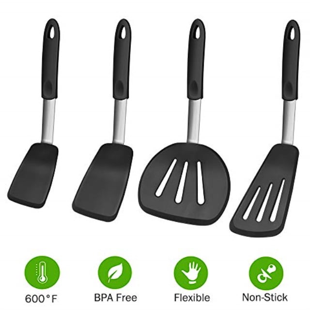 Small Cookie Spatula Flexible Silicone Spatula Turner for Cooking and Non Stick Cookware Daily Kitchen Spatula Heat Resistant Silicone and Stainless Steel Small Turner Spatula Rubber Grip 