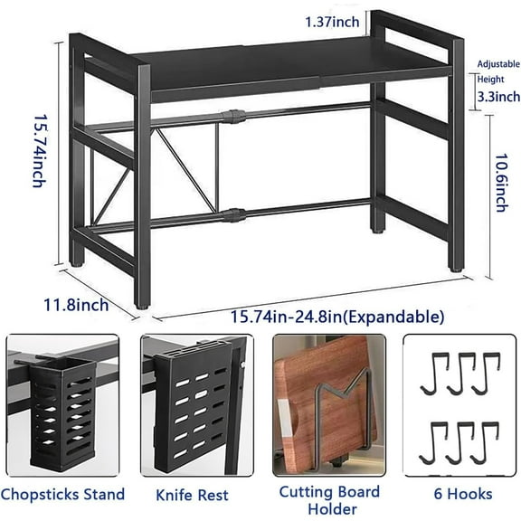 Expandable Microwave Oven Rack with Storage Shelf, 15.7-24.8" Length, Heavy Duty with 6 Hooks and Chopsticks Holder for Kitchen Countertop