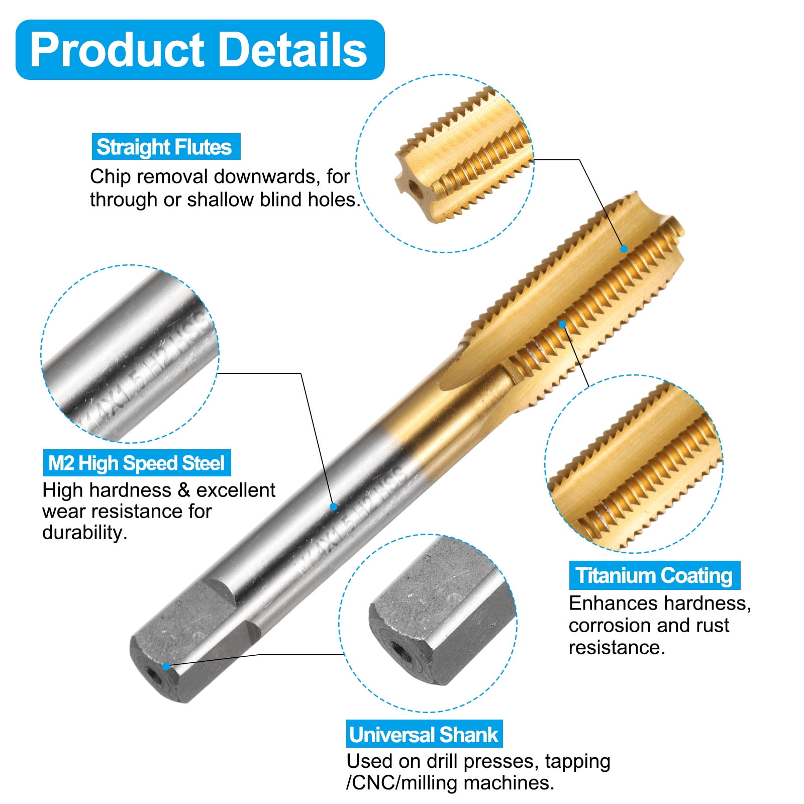 Uxcell Tap and Drill Bit Set, 1pcs M14 x 1.5 Straight Flute Thread Screw Taps & 1pcs 12.5mm Twist Drill Bits, Titanium Coated HSS-6542 Tapping Threading Tool Kit